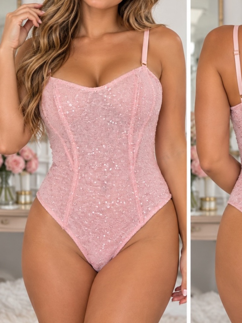 Victoria's Secret Bodysuit Womens Size Medium Pink Sequin Coquette Fairy Sexy